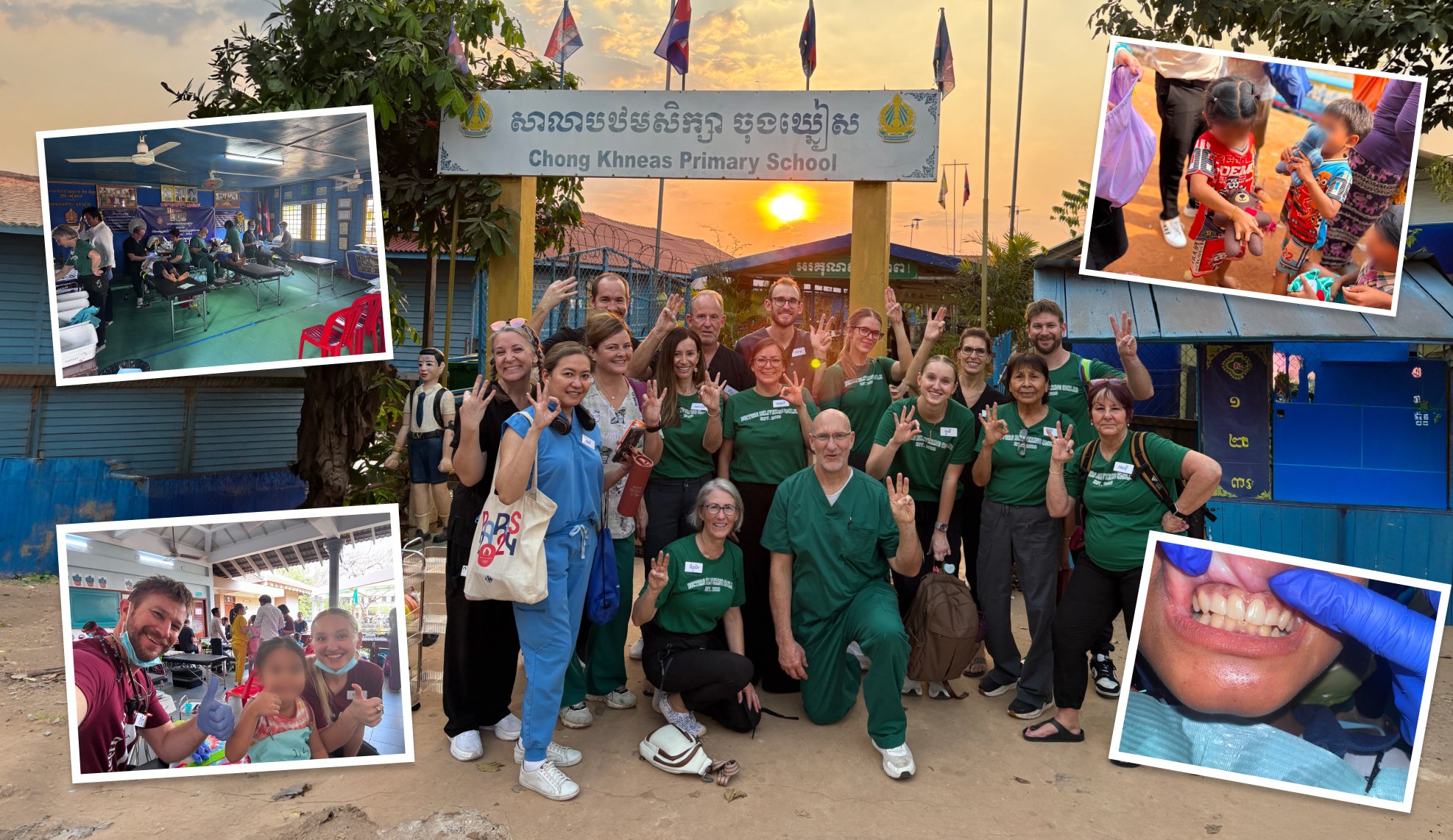 Members of a dental team on a humanitarian mission posing in front of an area they are helping